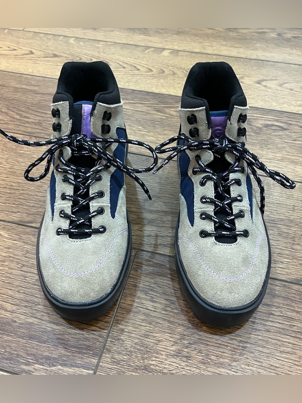 THE GREAT. Women’s Beige Suede hiking boots with Navy and Purple Accents